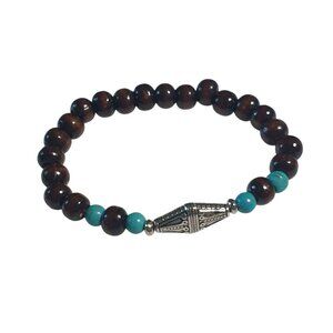 Vintage Beaded Stretch Bracelet Dark Wood Beads Blue Silver Tone Boho Gift
